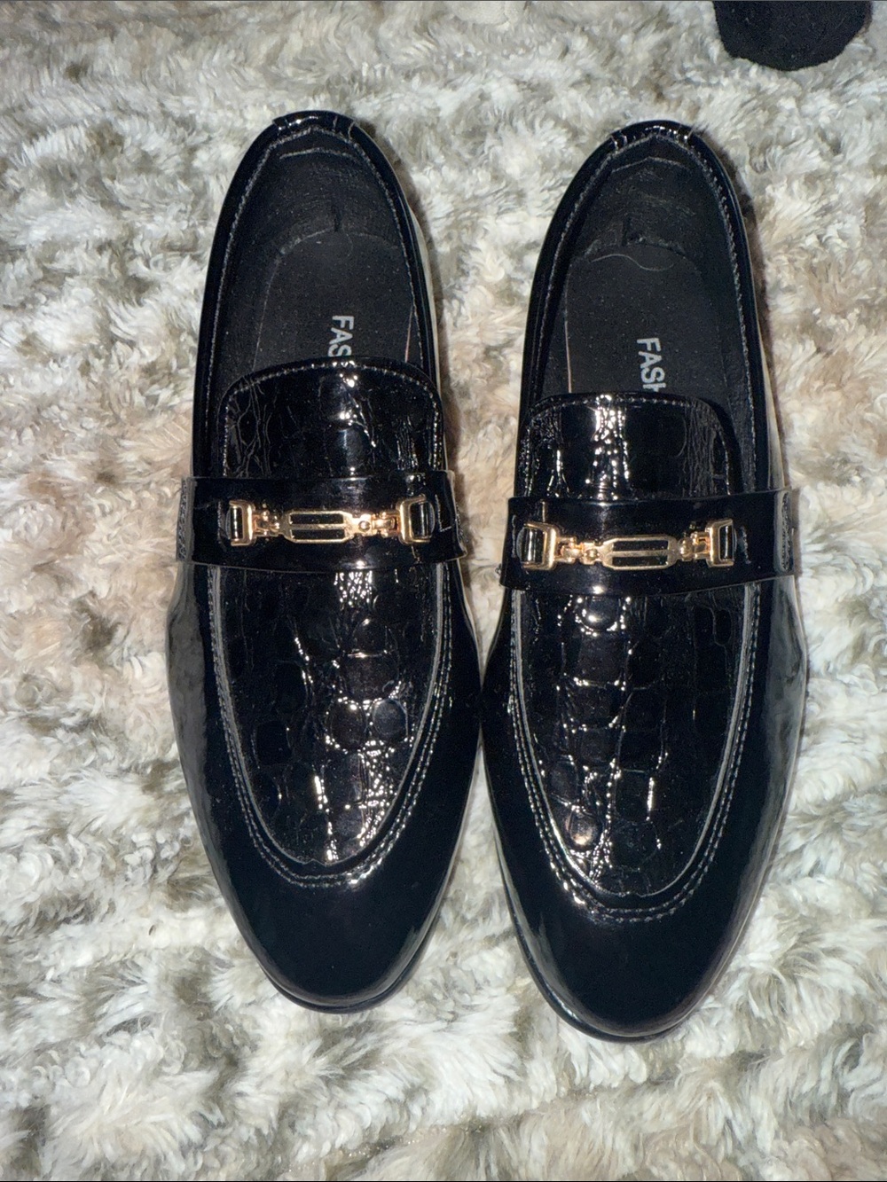 Black Patent Croc-Embossed Kids Loafers with Gold Bit
